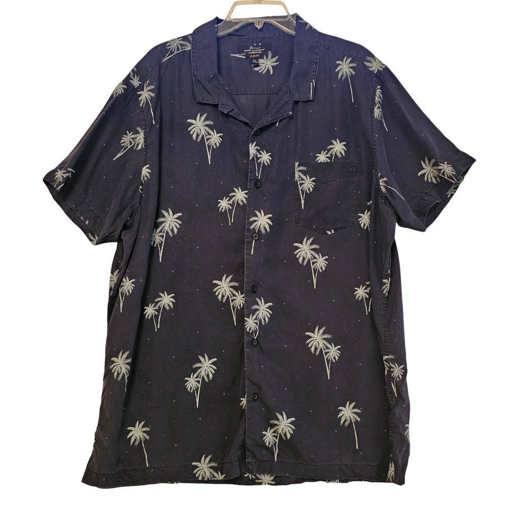 Marc Anthony Mens XXL Slim Fit‎ Navy Blue Palm Tree Lyocell Short Sleeve Shirt